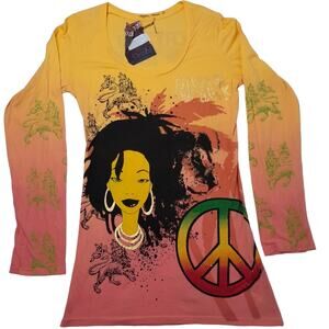 Christian Audigier Crystal Rock Jamaica Peace Top Women L Y2Kstyle Y2K Hippy